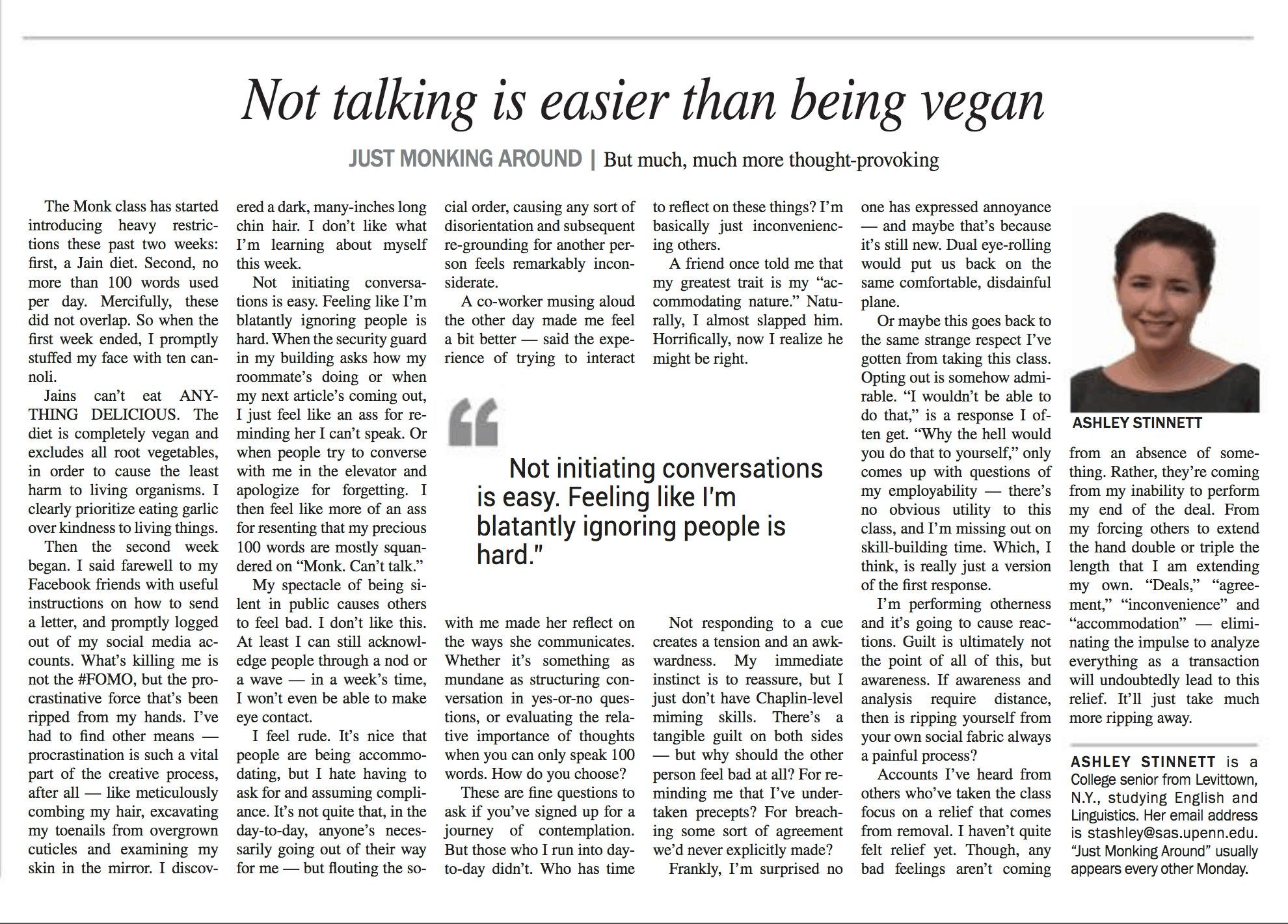 Daily Pennsylvanian print article — Not talking is easier than being vegan, by Ashley Stinnett
