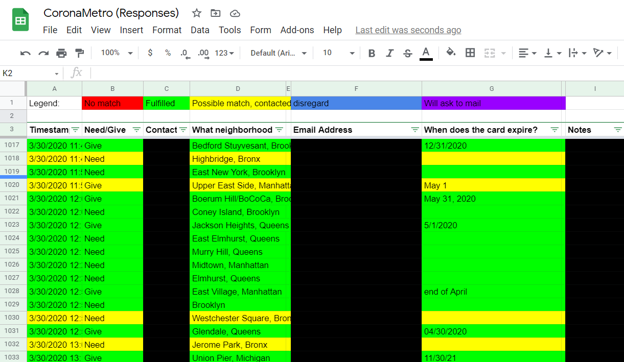 CoronaMetro response spreadsheet showing color-coded matches and exchanges