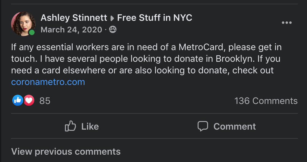 Facebook post in Free Stuff in NYC group