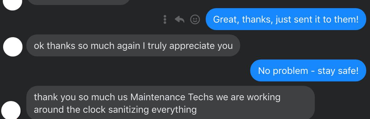 Text message exchange with a maintenance tech receiving a CoronaMetro card during the pandemic