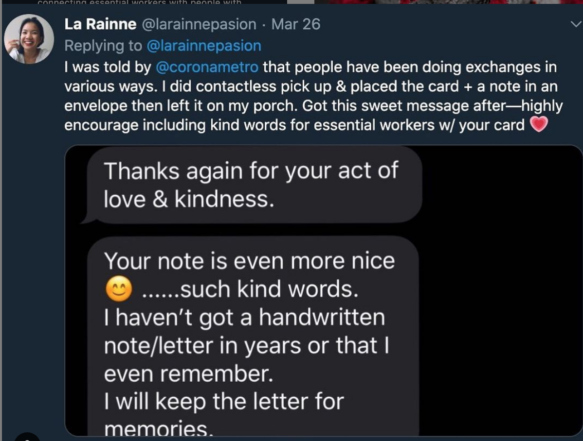 Tweet from La Rainne describing a contactless MetroCard exchange via porch drop-off