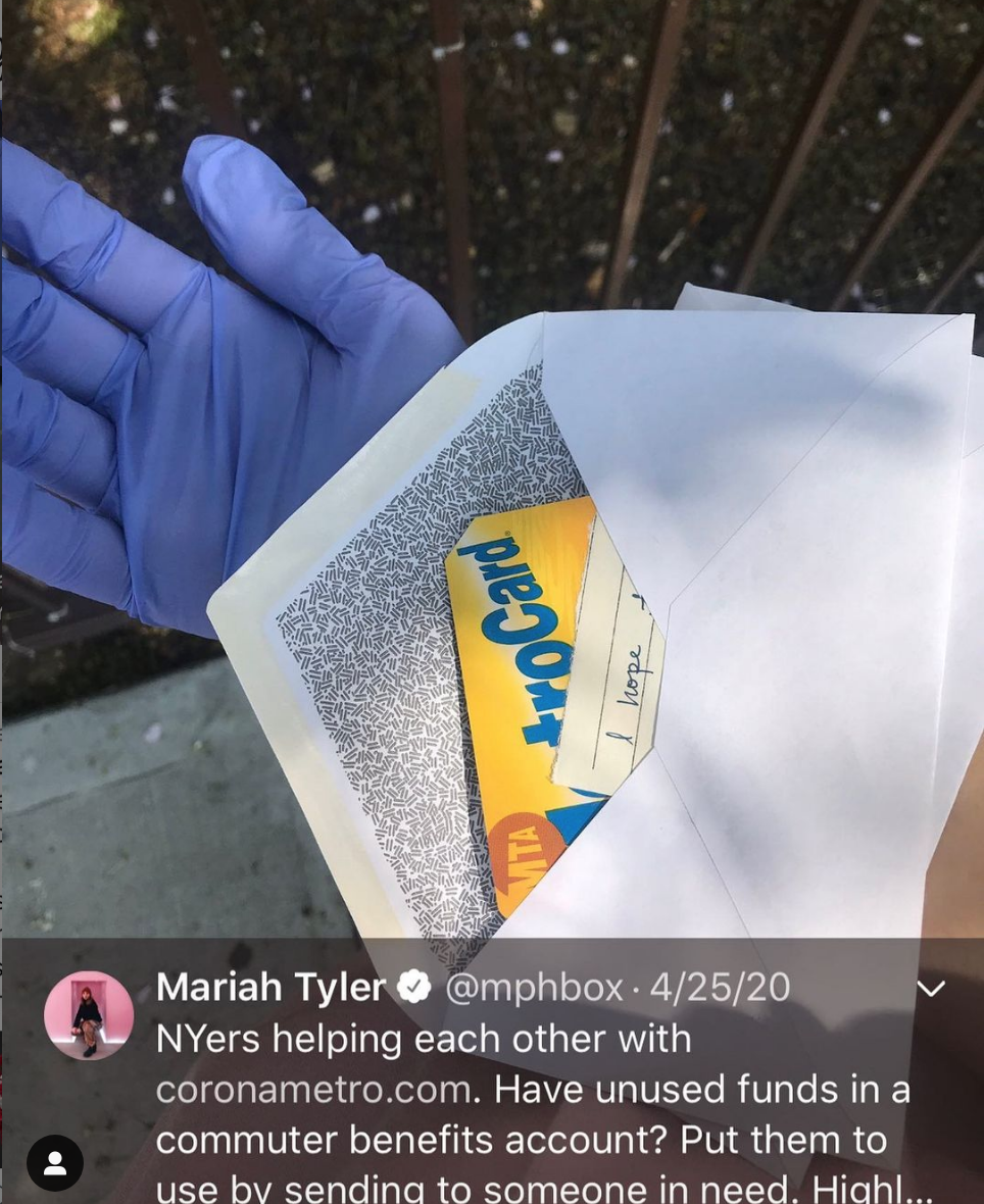 Tweet from Mariah Tyler with photo of an envelope containing a donated MetroCard