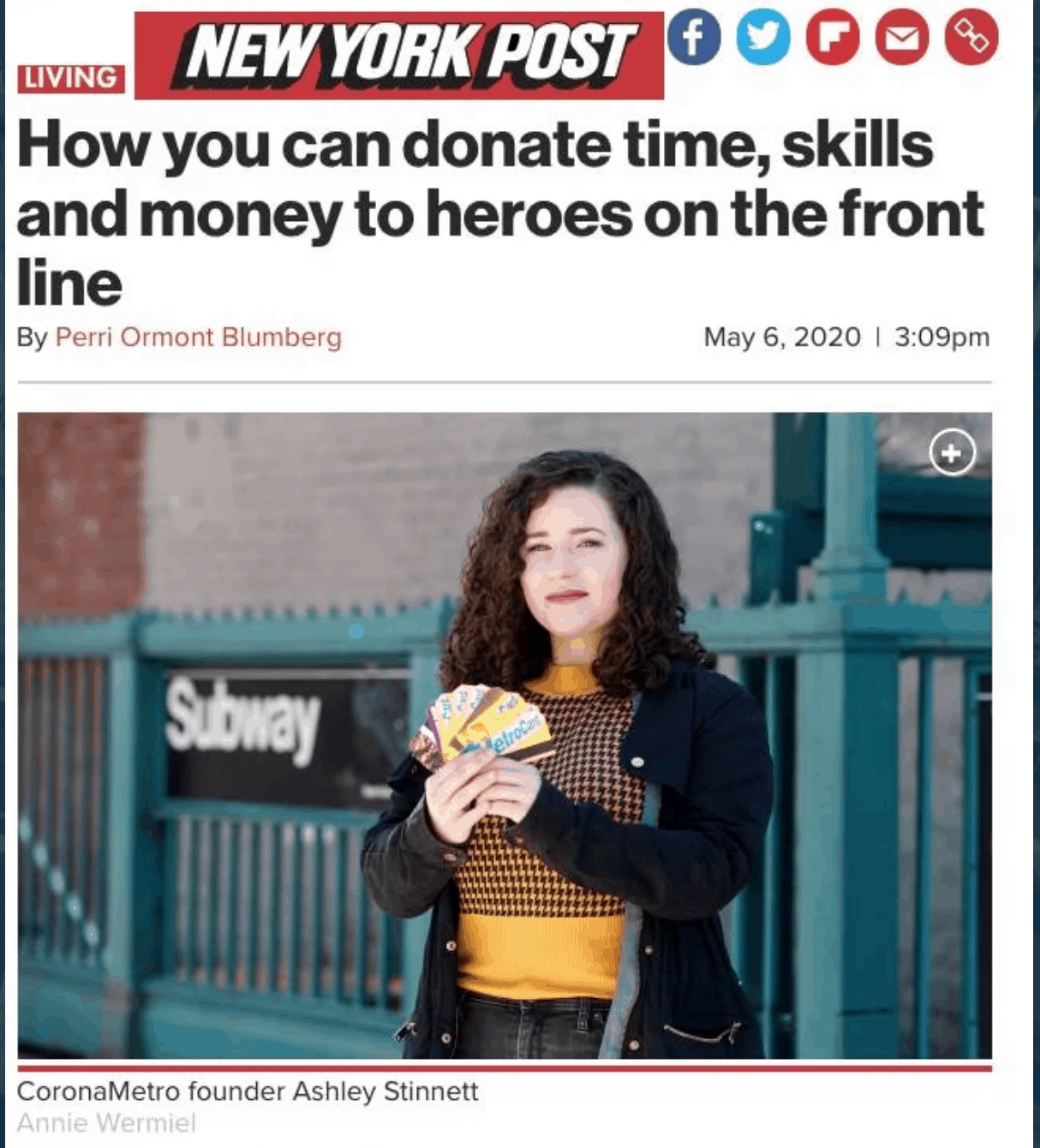 New York Post article: How you can donate time, skills and money to heroes on the front line, featuring CoronaMetro founder Ashley Stinnett