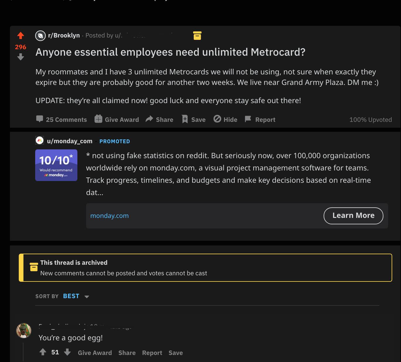 Reddit r/Brooklyn post about CoronaMetro