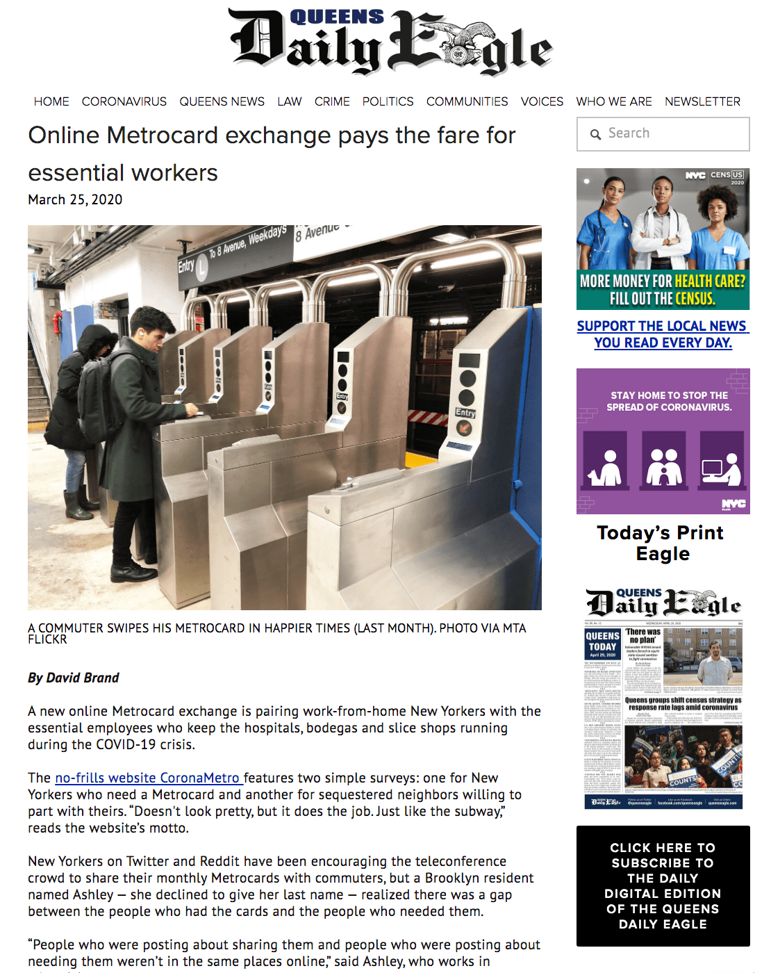Queens Daily Eagle article: Online MetroCard exchange pays the fare for essential workers